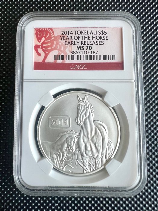 Tokelau. 5 Dollars 2014 Year of the Horse 1 oz .999 - MS70 (Top Pop), Early Releases  (Ingen mindstepris)