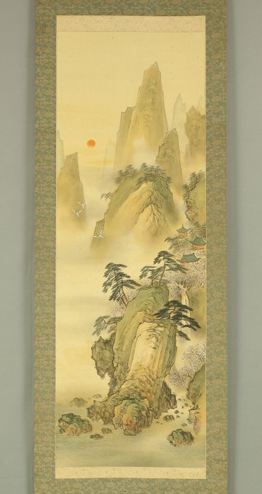 Mount Hōrai 蓬莱山 - Waterfall Pine Plum Crane Landscape with Box - with signature and seal 'Shisen' 芝仙 - Japan  (Ingen mindstepris)