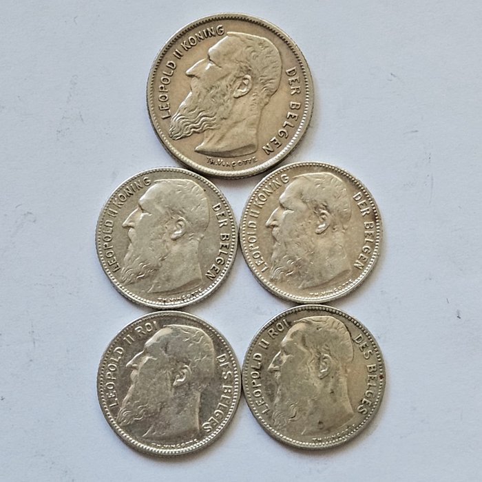 Belgien. Leopold II (1865-1909). 2 Francs 1904 /1909 (5stuks)  (Ingen mindstepris)