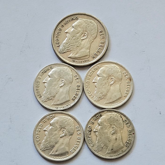 Belgien. Leopold II (1865-1909). 2 Francs 1904 /1909 (5stuks)  (Ingen mindstepris)