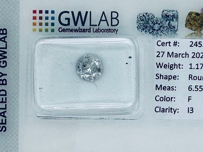 Ingen mindstepris - 1 pcs Diamant  (Natur)  - 1.17 ct - Rund - F - I3 - Gemewizard Gemological Laboratory (GWLab)