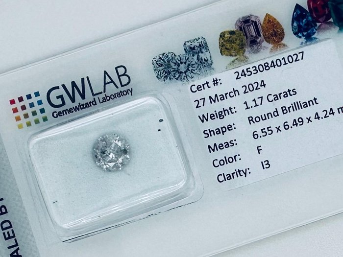 Ingen mindstepris - 1 pcs Diamant  (Natur)  - 1.17 ct - Rund - F - I3 - Gemewizard Gemological Laboratory (GWLab)