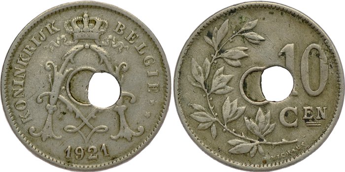 Belgien. Albert I (1909-1934). 10 Centiemen 1921 VL - type Michaux - MINT ERROR: decentered perforation - RARE