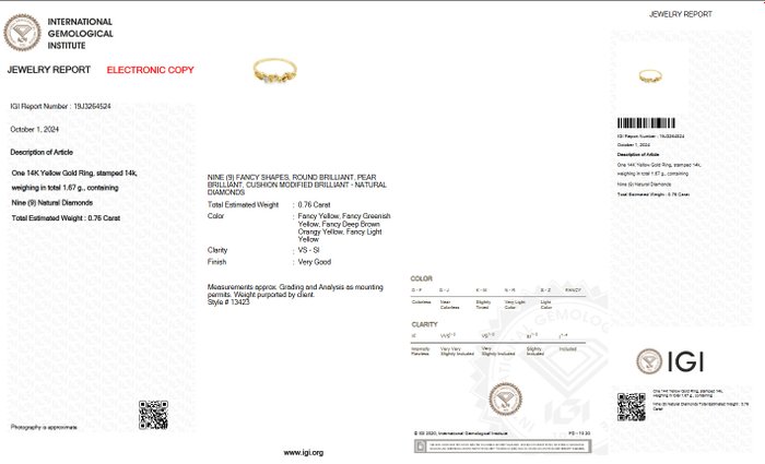 Ingen mindstepris - Ring - 14 karat Gulguld -  0.76ct. tw. Blandede farver Diamant (Naturfarvet) - IGI