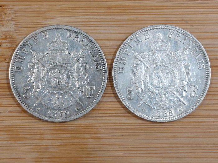 Frankrig. Napoléon III. 5 Francs 1868-BB en 1869-BB (2 zilveren munten)  (Ingen mindstepris)