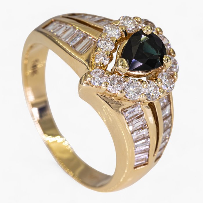 Ingen mindstepris - Ring - 14 karat Gulguld 100 ct diamanter - 070 ct safir - IGI certificeret Safir - Diamant