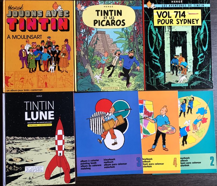 Tintin - Ensemble 3 albums dont 2 EO + 1 livre-jeux + 3 albums à colorier - 7 Albums - Første franske udgave - 1968/2009