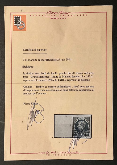 Belgien 1929 - Stor Montenez - 20fr Grågrøn - Mechelse Print med arkkant - Certifikat Pierre Kaiser - OBP 290A