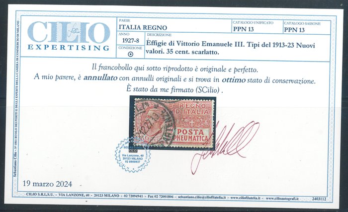 Italien Kongerige  - 15 og 35 c., serie kpl. n. 12/13 med tydelige originale aflysninger (Cilio certifikat).