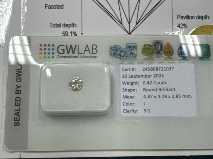 Ingen mindstepris - 1 pcs Diamant  (Natur)  - 0.42 ct - Rund - I - SI1 - Gemewizard Gemological Laboratory (GWLab)