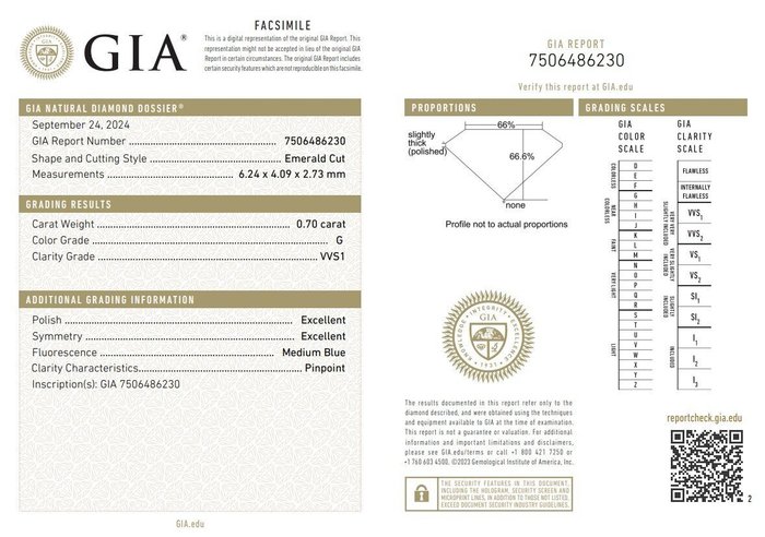 1 pcs Diamant  (Natur)  - 0.70 ct - G - VVS1 - Gemological Institute of America (GIA)