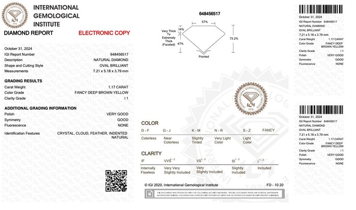 Ingen mindstepris - 1 pcs Diamant  (Naturfarvet)  - 1.17 ct - Oval - Fancy deep Brun Gul - I1 - International Gemological Institute (IGI)