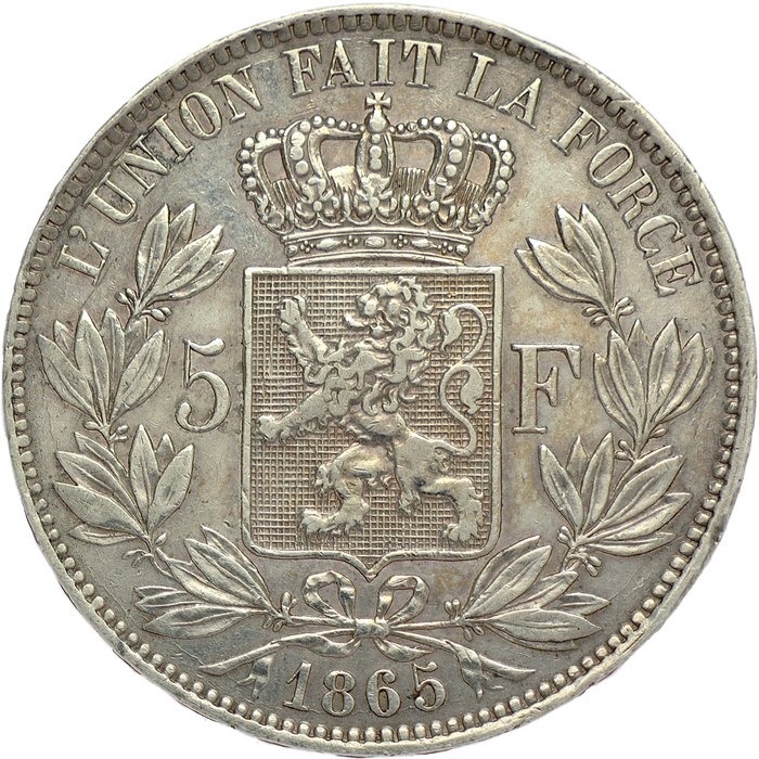 Belgien Leopold II (1865-1909) 5 Francs 1865 - pos A - mintage: unknown (low) - SCARCE