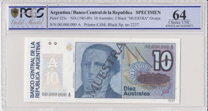 Argentina. - 10 Australes - ND (1985-89) - Specimen - Pick 325s