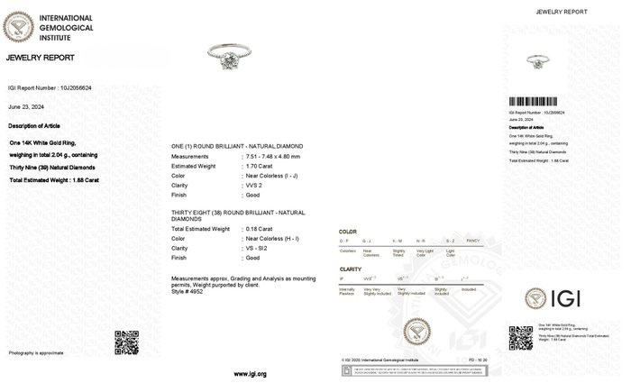 Ring - 14 karat Hvidguld -  1.88ct. tw. Diamant (Natur) - Diamant