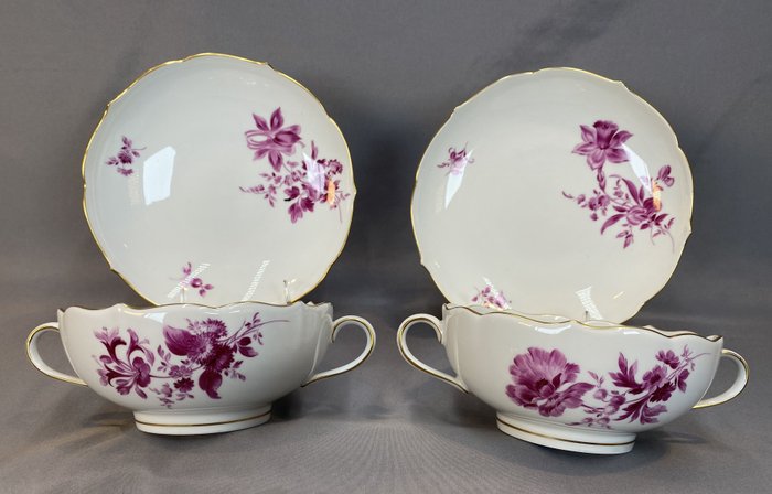 Purpur Camaieu, Lila Blume - Meissen - Meissen, 2 suppeskåle med underkopper (2) - Samtidskunst - Porcelæn - Purpur Camaieu, Lila Blume