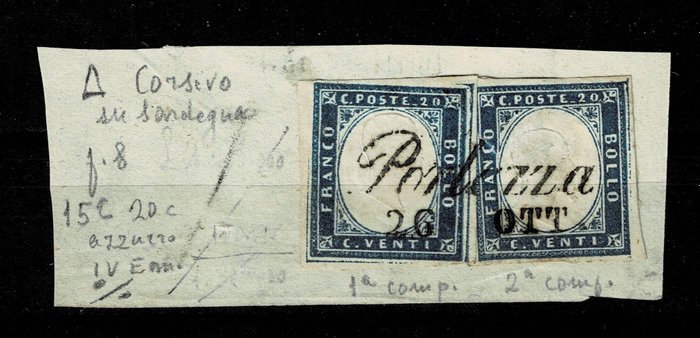 Antikke Italienske Stater - Sardinien 1860 - Fragment med to 20 c lyseblå med den sjældne Porlezza-annullering i kursiv - Sassone nr 15C