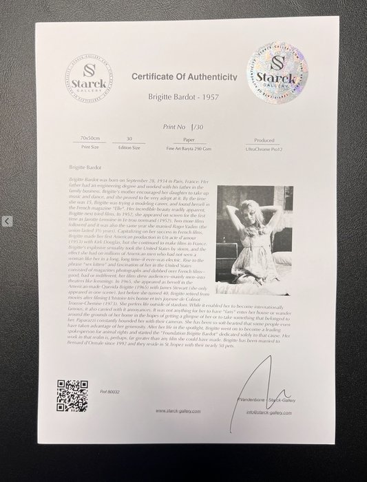 Brigitte Bardot  1957 - Fine Art Photography - Luxury Wooden Framed 70X50 cm - Limited Edition Nr 01 of 30 - Serial ID 80032 - Original Certificate (COA), Hologram Logo Editor and QR Code - 100% New items.