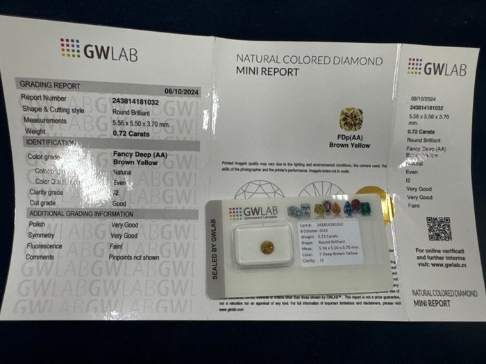 Ingen mindstepris - 1 pcs Diamant  (Naturfarvet)  - 0.72 ct - Rund - Fancy deep Brun, Gul - I2 - Gemewizard Gemological Laboratory (GWLab)