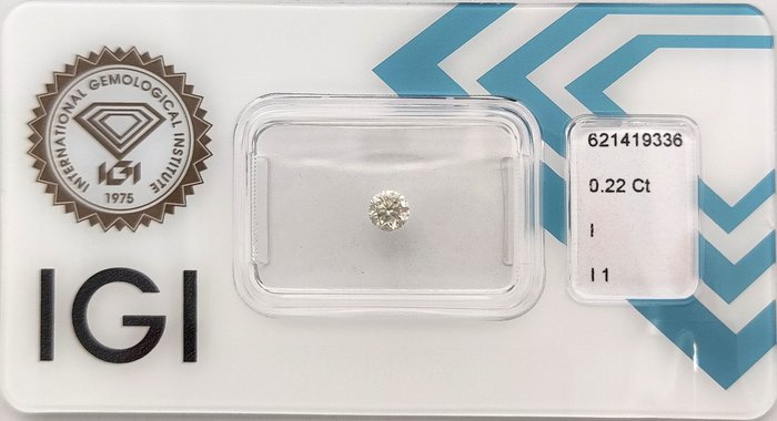 Ingen mindstepris - 1 pcs Diamant  (Natur)  - 0.22 ct - Rund - I - I1 - International Gemological Institute (IGI)