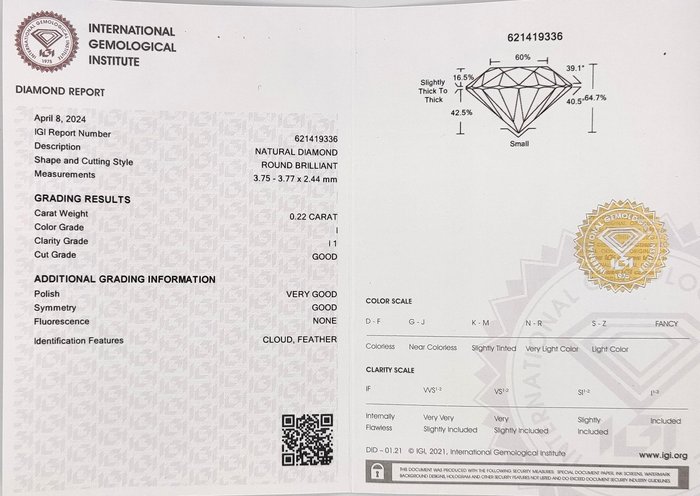 Ingen mindstepris - 1 pcs Diamant  (Natur)  - 0.22 ct - Rund - I - I1 - International Gemological Institute (IGI)