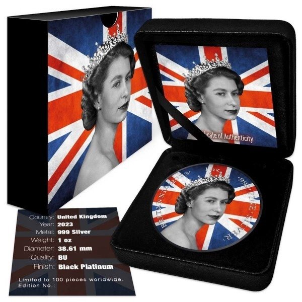 Storbritannien. 2 Pounds 2023 Queen Britannia Flag - Colorized Black Platinum, 1 Oz (.999)  (Ingen mindstepris)