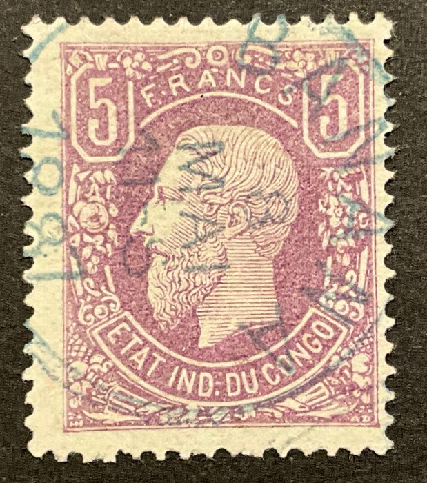 Belgisk Congo 1886 - Uafhængig stat Congo - Leopold II - 5 francs Lila - centralt stemplet BANAN - OBP 5