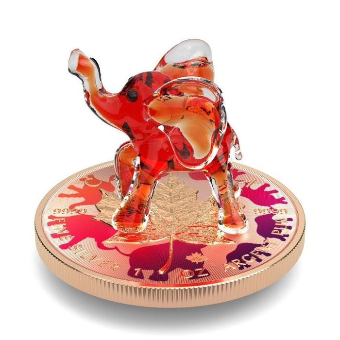 Canada. 5 Dollars 2022 Maple Leaf - Murano glass Series - Red Elephant, 1 Oz (.999)