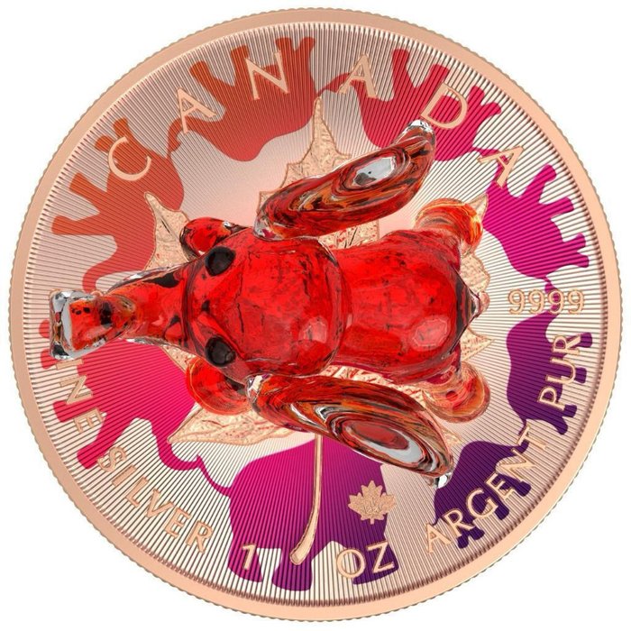 Canada. 5 Dollars 2022 Maple Leaf - Murano glass Series - Red Elephant, 1 Oz (.999)