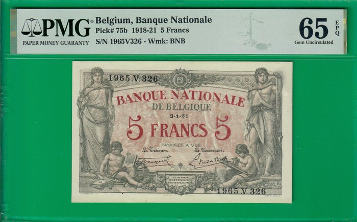 Belgien. - 5 francs 3/1/1921 - Pick 75b  (Ingen mindstepris)