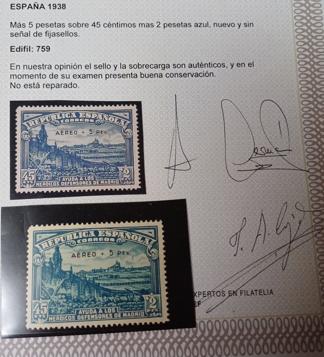 Spanien 1938 - Forsvar af Madrid aktiveret. EMC certifikat. - Edifil 759