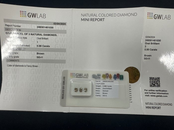 Ingen mindstepris - 3 pcs Diamant  (Naturfarvet)  - 0.98 ct - Oval - Fancy Brun - I1, SI3 - Gemewizard Gemological Laboratory (GWLab) - Brun