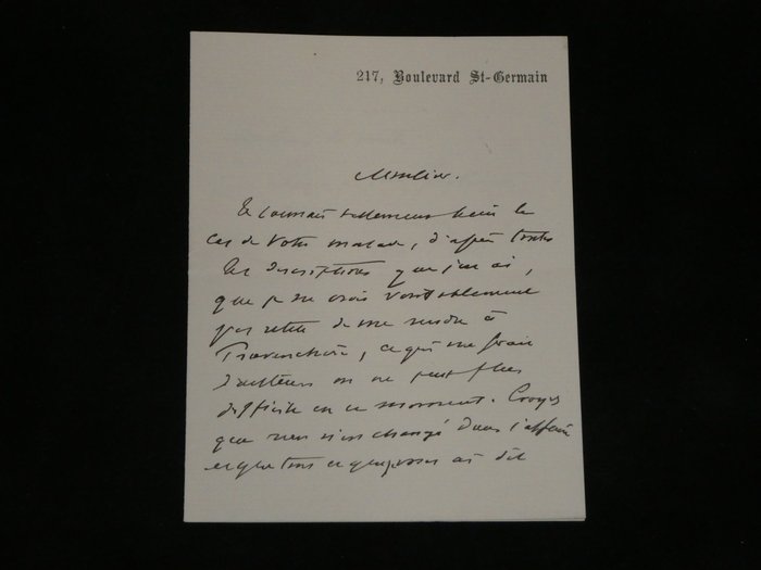 Jean-Martin Charcot - Lettre autographe signée, il ne peut se déplacer pour valider un diagnostic, il connait très bien - 1889