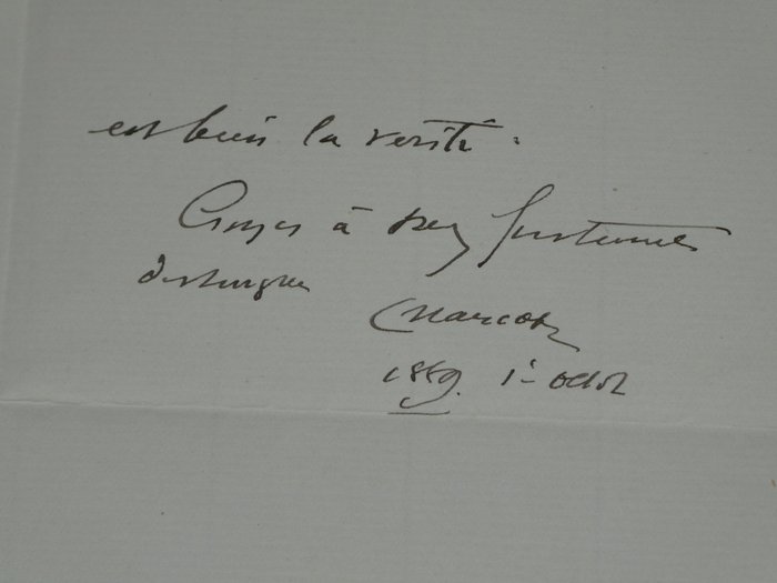 Jean-Martin Charcot - Lettre autographe signée, il ne peut se déplacer pour valider un diagnostic, il connait très bien - 1889