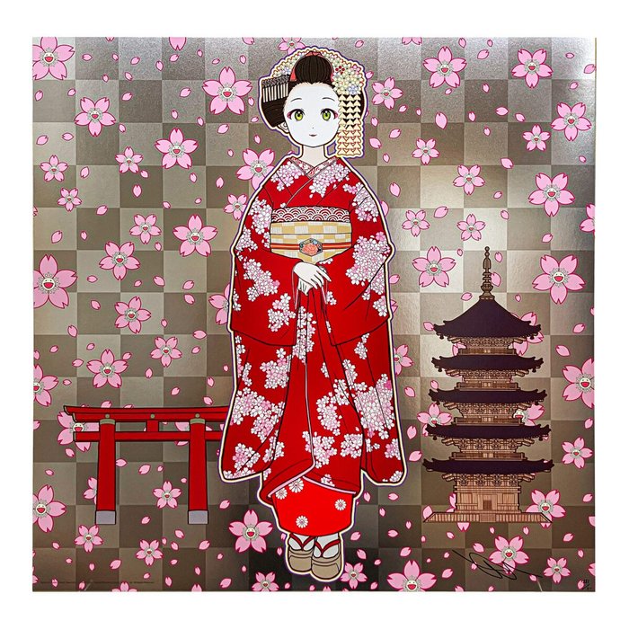 Takashi Murakami (1962) - Maiko in Kyoto, Cherry Blossoms on Red