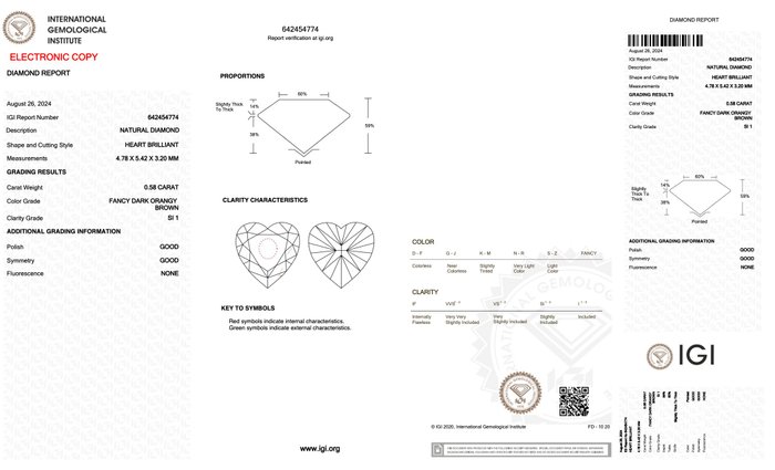 Ingen mindstepris - 1 pcs Diamant  (Naturfarvet)  - 058 ct - Hjerte - Fancy dark Orange nuance Brun - SI1 - International Gemological Institute (IGI)