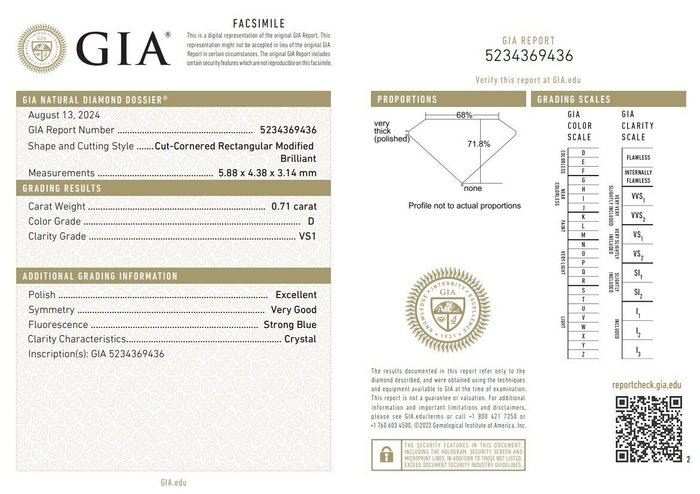 1 pcs Diamant  (Natur)  - 0.71 ct - Radiant - D (farveløs) - VS1 - Gemological Institute of America (GIA)