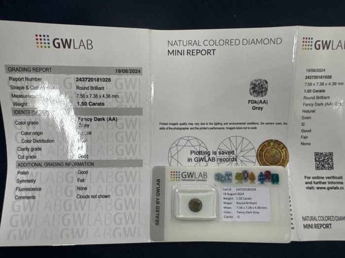 Ingen mindstepris - 1 pcs Diamant  (Naturfarvet)  - 1.16 ct - Rund - Fancy dark Grå - I2 - Gemewizard Gemological Laboratory (GWLab)