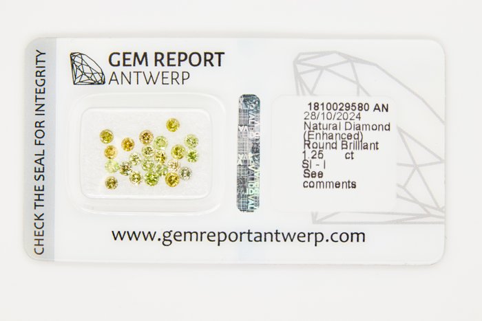 Ingen mindstepris - 22 pcs Diamant  (Farvebehandlet)  - 1.25 ct - Rund - I1, I2, I3, SI1, SI2 - Gem Report Antwerp (GRA) - INGEN RESERVEPRIS