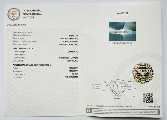 1 pcs Diamant  (Natur)  - 0.90 ct - Rund - H - IF - International Gemological Institute (IGI)