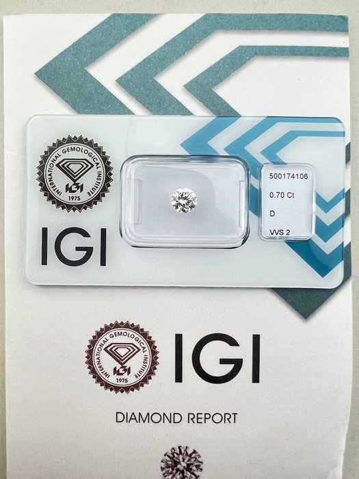 1 pcs Diamant  (Natur)  - 070 ct - Rund - D (farveløs) - VVS2 - International Gemological Institute (IGI)