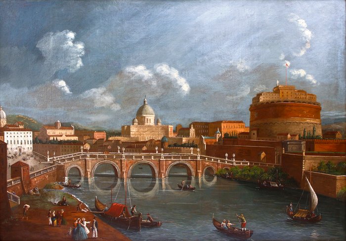 Antonio Joli (1700 – 1777), Workshop of - Castel Sant'Angelo, Roma, con la Basilica di San Pietro sullo sfondo