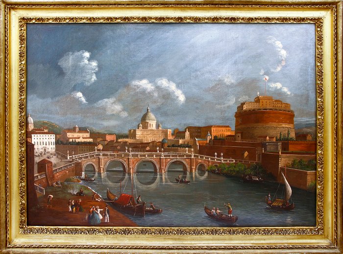 Antonio Joli (1700 – 1777), Workshop of - Castel Sant'Angelo, Roma, con la Basilica di San Pietro sullo sfondo