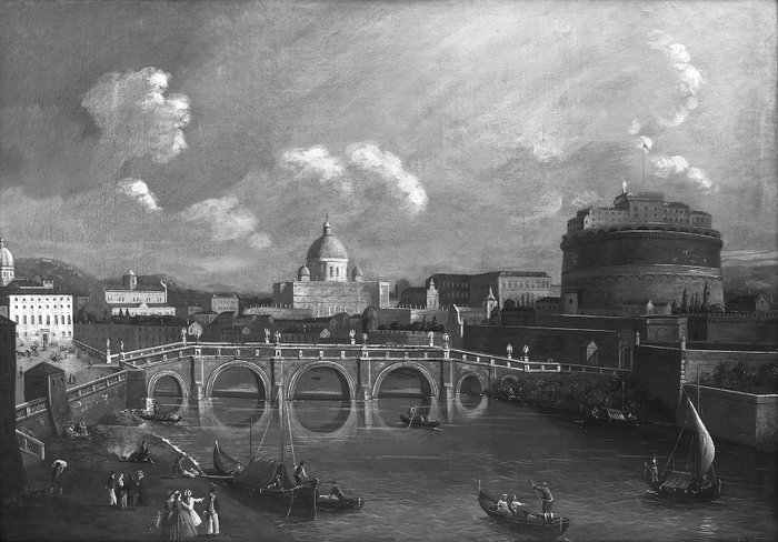 Antonio Joli (1700 – 1777), Workshop of - Castel Sant'Angelo, Roma, con la Basilica di San Pietro sullo sfondo