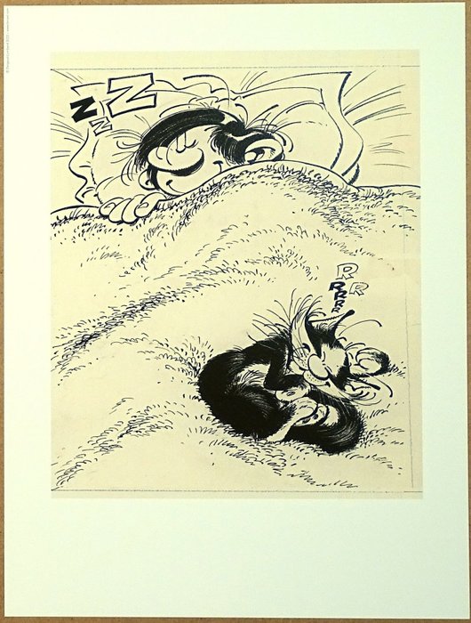 Franquin, André - 1 Offset Print - Gaston - Le chat et la sieste - Étude de couverture - 2023