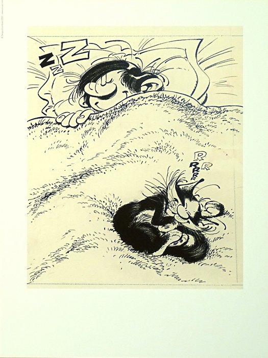 Franquin, André - 1 Offset Print - Gaston - Le chat et la sieste - Étude de couverture - 2023