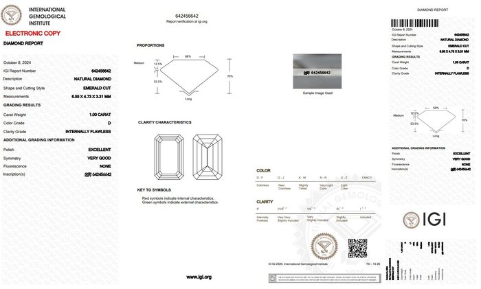 1 pcs Diamant  (Natur)  - 1.00 ct - D (farveløs) - IF - International Gemological Institute (IGI) - Top diamant