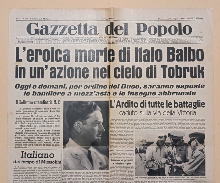 Morte di Italo Balbo - Gazzetta del Popolo - 1938