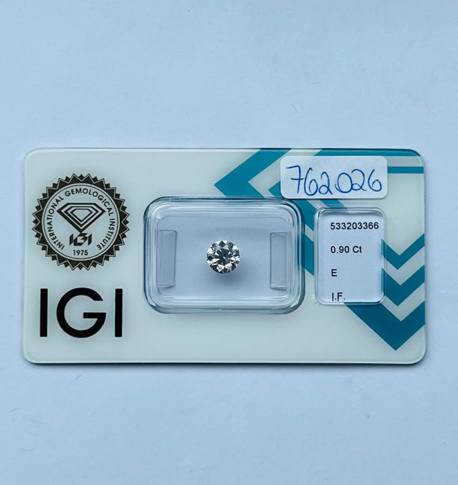 1 pcs Diamant  (Natur)  - 0.90 ct - Rund - E - IF - International Gemological Institute (IGI)