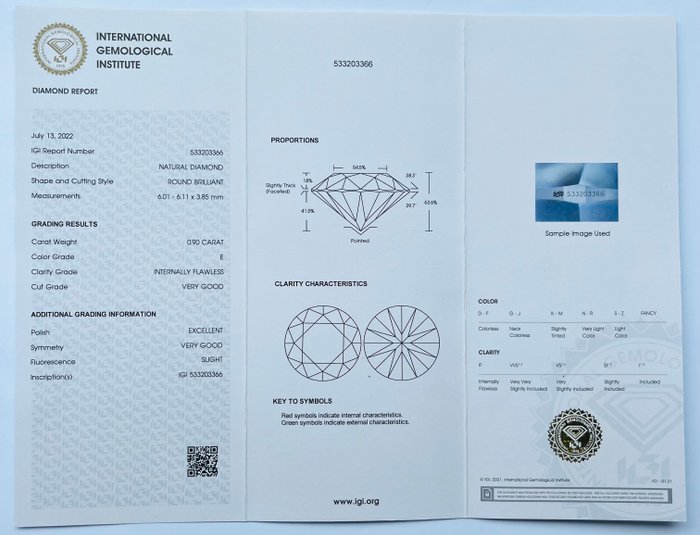 1 pcs Diamant  (Natur)  - 0.90 ct - Rund - E - IF - International Gemological Institute (IGI)